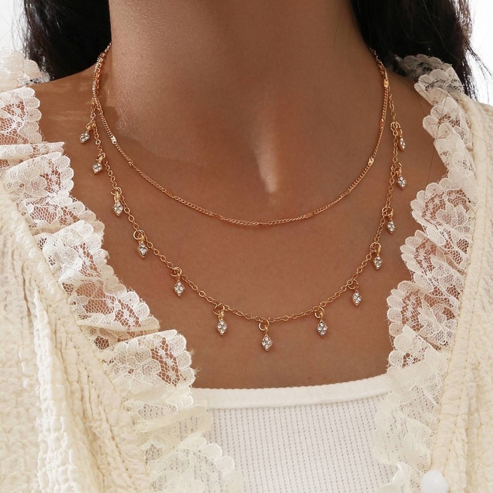 Double Layered Gold Drop Triangle Diamond Necklace - Picture 5 of 7